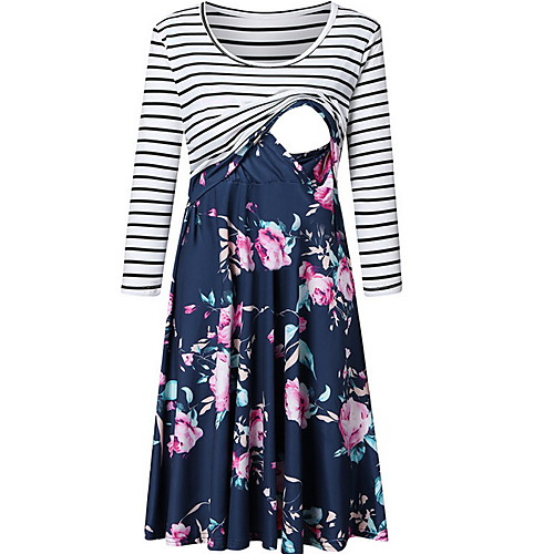 

Women's A-Line Dress Midi Dress - Long Sleeve Striped Floral Spring Summer Casual 2020 Blue Red Green Gray S M L XL XXL