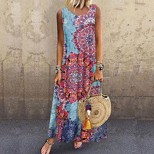 

Women's Maxi long Dress Light Blue Sleeveless Tribal Print Summer Round Neck Hot Casual Holiday 2021 S M L XL XXL 3XL 4XL 5XL