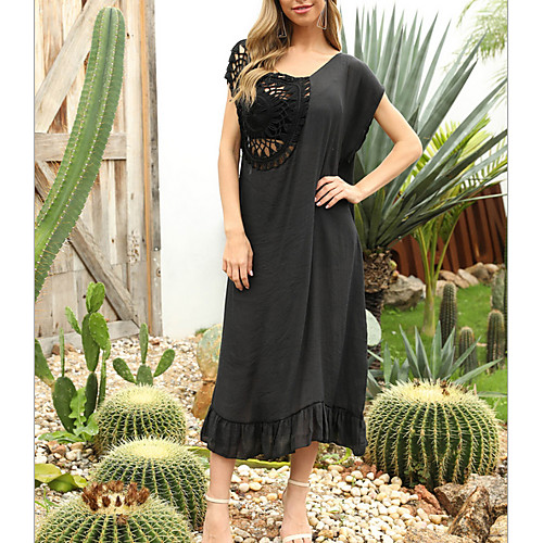 

Women's Sundress Dress - Short Sleeves Solid Color Summer V Neck Casual Loose 2020 Black One-Size