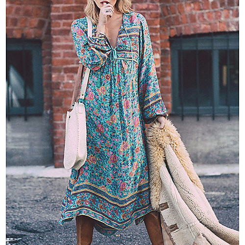 

Women's Shift Dress Midi Dress - Long Sleeve Floral Summer Boho 2020 Blue S M L XL XXL XXXL XXXXL XXXXXL