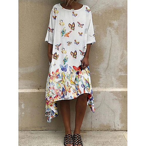 

Women's A-Line Dress Midi Dress - 3/4 Length Sleeve Floral Summer Elegant 2020 White Blue Yellow S M L XL XXL XXXL