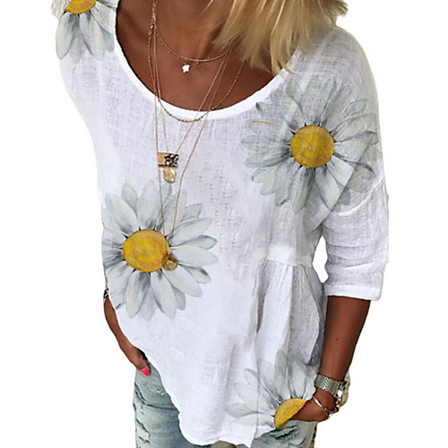 

Women's T shirt Floral Flower Round Neck Tops White Black Blue