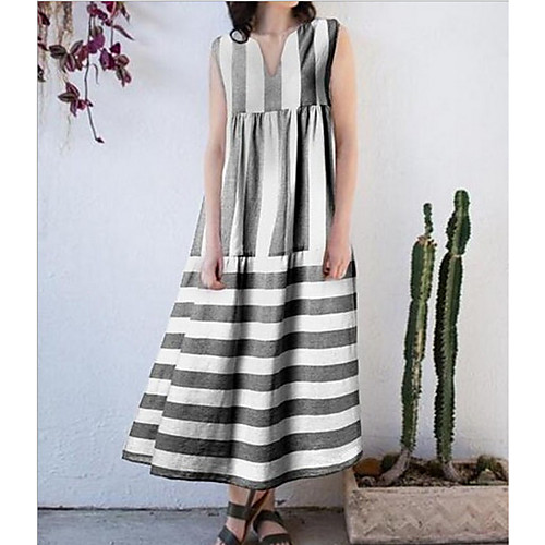 

Women's Maxi Shift Dress - Sleeveless Striped Summer V Neck Casual Loose 2020 Black Light Blue S M L XL XXL XXXL