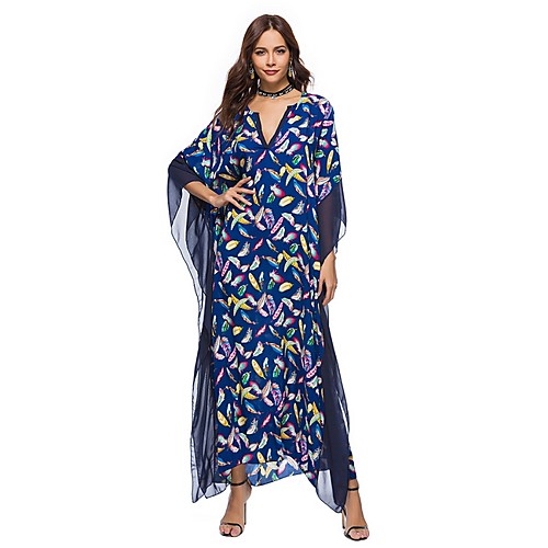 

Women's A-Line Dress Maxi long Dress - 3/4 Length Sleeve Floral Summer V Neck Elegant 2020 Black Blue Red Green Navy Blue One-Size