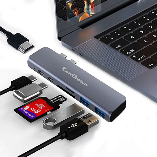 

KawBrown 7 in 1 Dual USB-C HUB Type-C Hub Adapter USB-C to HDMI SD/TF Card Reader PD Charging 4K HD for MacBook Pro