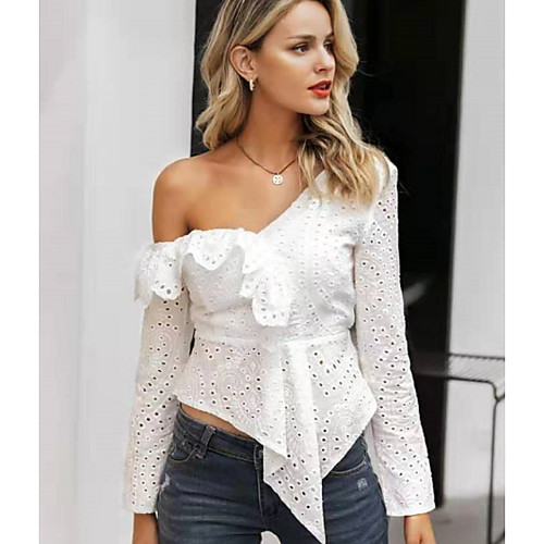 

Women's Solid Colored T-shirt Daily One Shoulder White