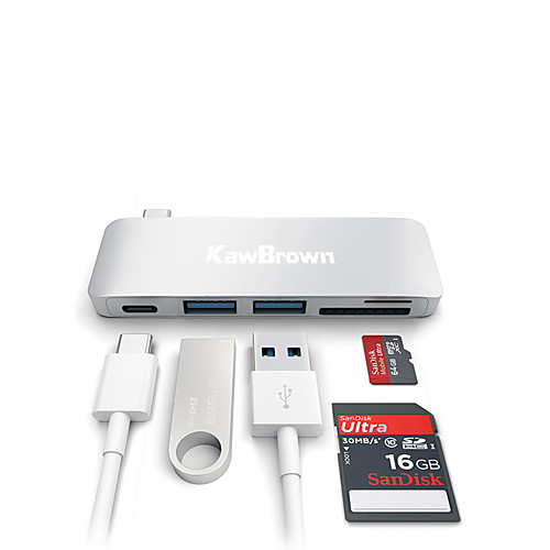 

KawBrown 5 in 1 USB-C USB 3.0 Hub Multi Type c Spliter Adapter USB 3.0 Card Reader for Macbook 5GBPS/s