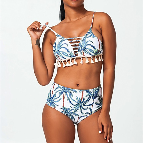 

Women's Basic White Triangle Cheeky Bikini Swimwear Swimsuit - Geometric Tassel Fringe Print S M L White