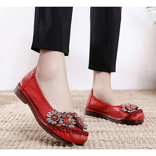 

Women's Sandals Flat Sandals Leather Sandals Spring & Summer Flat Heel Round Toe Daily Solid Colored Leather Black / Red