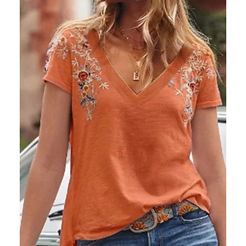 

Women's Geometric Print T-shirt - Cotton Daily V Neck Wine