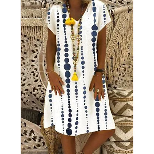 

Women's Shift Dress Knee Length Dress White Short Sleeve Geometric Print Summer V Neck Hot Casual 2021 M L XL XXL 3XL 4XL 5XL