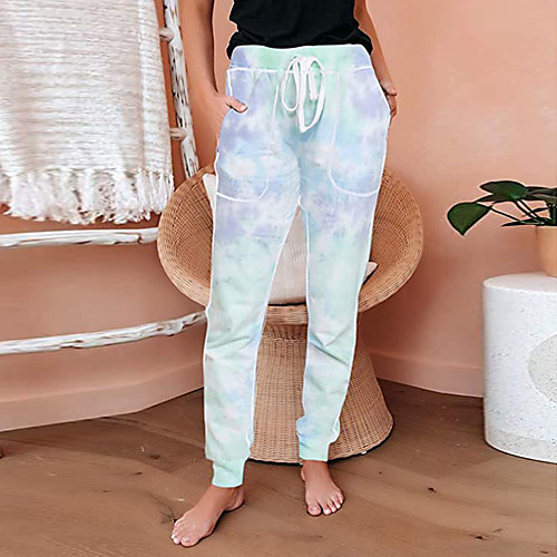 

Women's Sporty Holiday Weekend Slim Chinos Pants - Print Leopard Patchwork Print Drawstring Sports Blue Yellow Green S / M / L