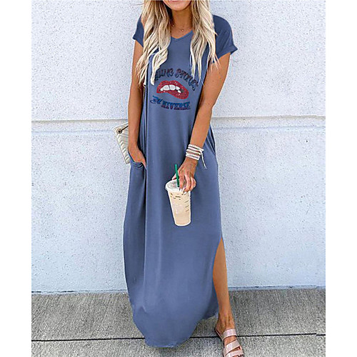 

Women's Maxi Shift Dress - Short Sleeves Letter Summer Casual 2020 White Black Blue Khaki Green S M L XL