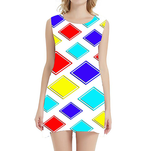 

Women's A Line Dress - Sleeveless Geometric Print Patchwork Summer 3D Print Sexy Daily Holiday Belt Not Included 2020 Blue Red Blushing Pink Green Rainbow S M L XL XXL XXXL