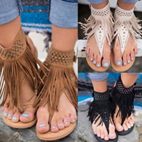 

Women's Sandals Flat Sandal Summer Flat Heel Open Toe Daily Tassel PU Black / Brown / Beige