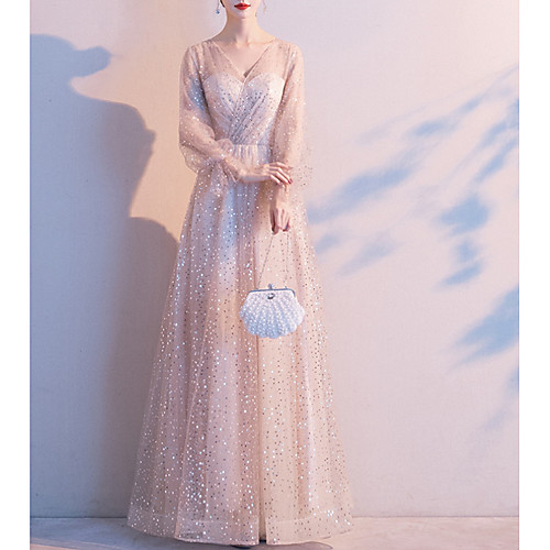

A-Line Elegant Glittering Wedding Guest Formal Evening Dress V Neck Long Sleeve Floor Length Tulle with Sequin 2020