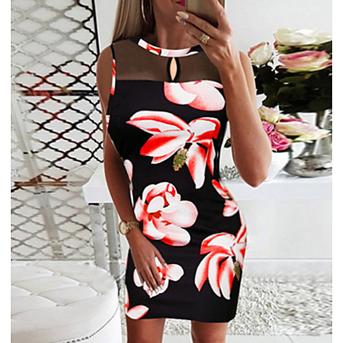 

Women's Sheath Dress Knee Length Dress - Sleeveless Floral Summer Street chic 2020 Blue Red Blushing Pink S M L XL