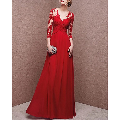

Sheath / Column Elegant Beautiful Back Engagement Formal Evening Dress V Neck 3/4 Length Sleeve Floor Length Chiffon with Lace Insert 2020