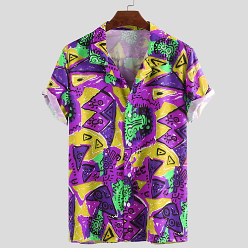 

Men's Geometric Graphic Print Shirt Tropical Hawaiian Daily Button Down Collar Purple / Red / Green / Short Sleeve