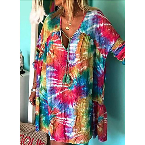

Women's A-Line Dress Knee Length Dress - Long Sleeve Tie Dye Fall Casual Mumu 2020 Red Light Blue S M L XL XXL XXXL