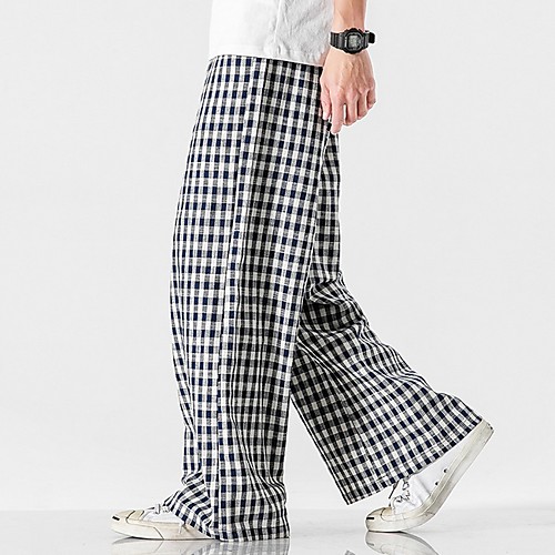 

Men's Sporty Chinoiserie Loose Chinos Pants - Plaid Drawstring Comfort Cotton Black Blue Gray US32 / UK32 / EU40 / US34 / UK34 / EU42