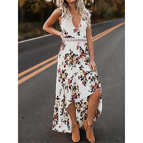 

Women's Asymmetrical A Line Dress - Sleeveless Floral Summer V Neck Casual Elegant Party 2020 White Black S M L XL