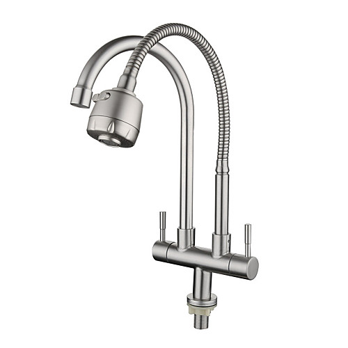 

Stainless Steel Faucet Single Cooling Double Pipe Double Handle Universal Rotation Kitchen Sink Double Outlet Faucet