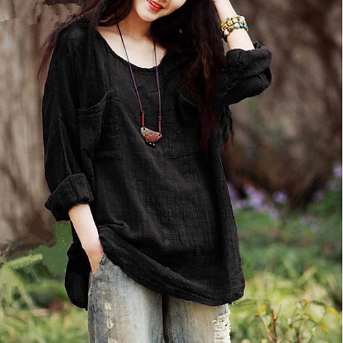 

Women's Striped Solid Colored Loose Blouse - Cotton Daily Wine / Black / Purple / Yellow / Green