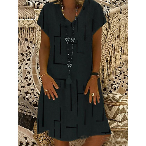 

Women's Shift Dress Knee Length Dress Blue Yellow Army Green Fuchsia Khaki Orange Black Short Sleeve Geometric Summer V Neck Hot Casual 2021 S M L XL XXL