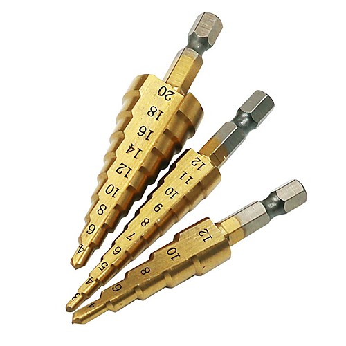 

Pagoda drill metal punch drill bit 3-12mm 4-12mm 4-20mm Step Cone Drill Bit Hole Cutter Dint Tool Hex Shank Step Drills shank Coated Metal Drill Bit 3pcs
