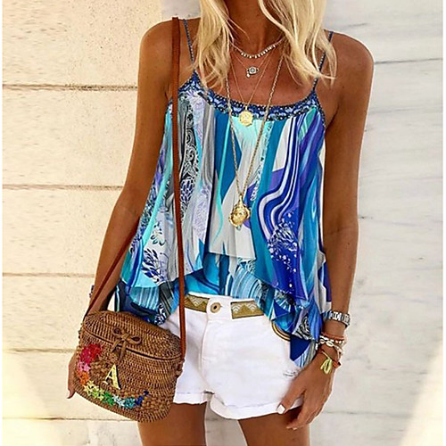 

Women's Blouse Tank Top Color Block Strap Boho Tops Blue Purple Green