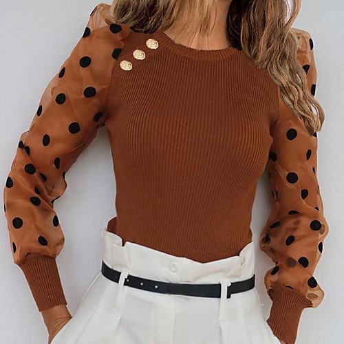 

Women's Polka Dot Long Sleeve Pullover Sweater Jumper, Round Neck White / Brown / Gray S / M / L