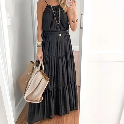 

Women's A-Line Dress Maxi long Dress - Sleeveless Solid Color Summer Casual 2020 Black S M L XL XXL