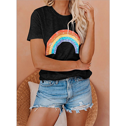 

Women's T shirt Geometric Round Neck Tops White Black Gray
