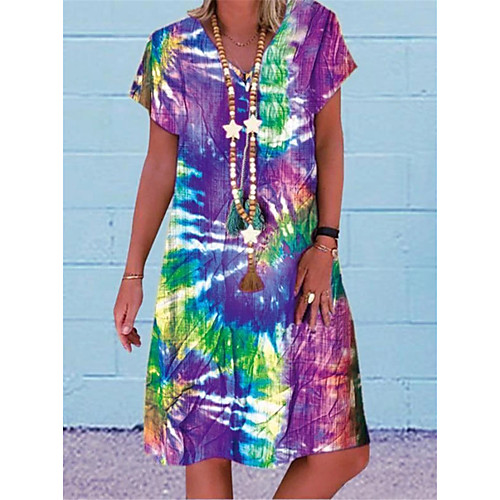 

Women's A Line Dress - Short Sleeves Print Color Block Patchwork Summer V Neck Casual Daily Belt Not Included Oversized 2020 Blue Purple Red S M L XL XXL XXXL XXXXL XXXXXL