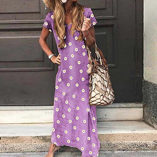 

Women's Maxi Daisy Shift Dress - Short Sleeves Floral Summer V Neck Casual Floral Blue Purple Yellow Gray S M L XL XXL XXXL