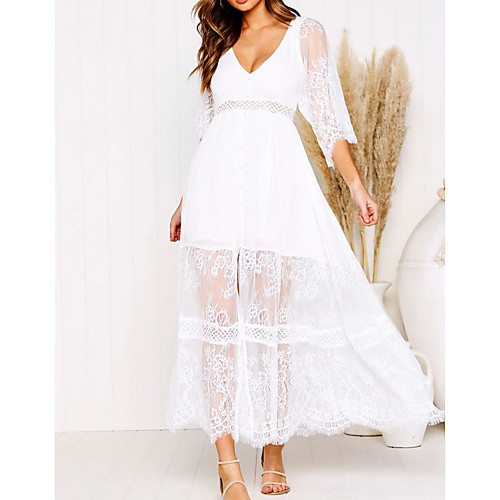 

Women's Maxi Sheath Dress - 3/4 Length Sleeve Solid Color Summer V Neck Elegant 2020 White S M L XL