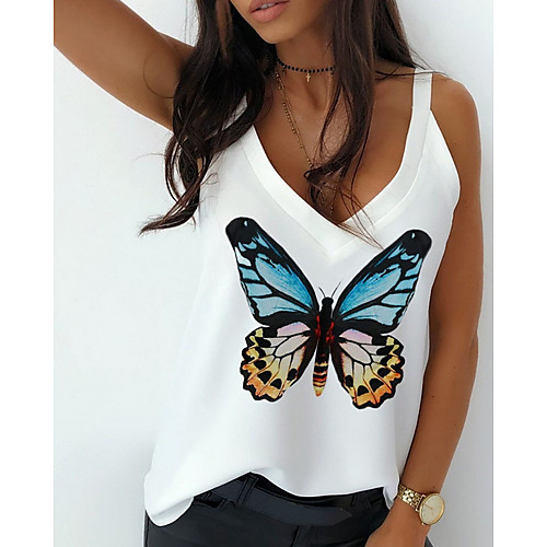 

Women's Camisole Butterfly Printing Animal V Neck Basic Tops White Blushing Pink Gray