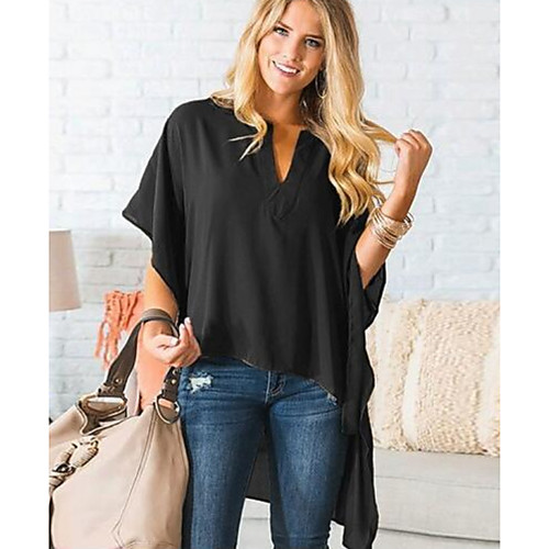 

Women's Blouse Shirt Solid Colored V Neck Tops Black Blue Red
