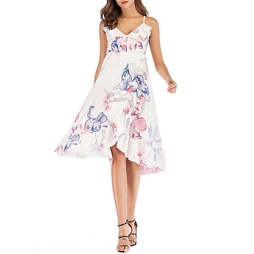 

Women's Asymmetrical Sundress Dress - Sleeveless Floral Summer Strap Elegant 2020 White Blushing Pink Gray Light Blue S M L XL