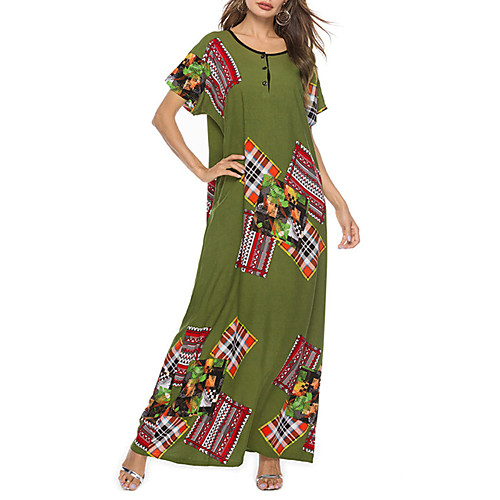 

Women's Maxi Shift Dress - Short Sleeves Print Solid Color Patchwork Summer Fall Boho Street chic Going out Beach 2020 Green S M L XL