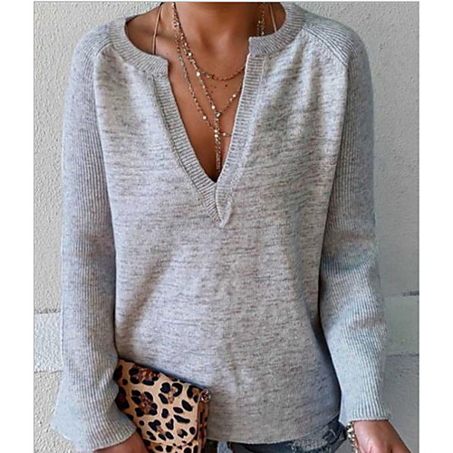 

Women's Solid Colored Long Sleeve Pullover Sweater Jumper, V Neck Gray S / M / L