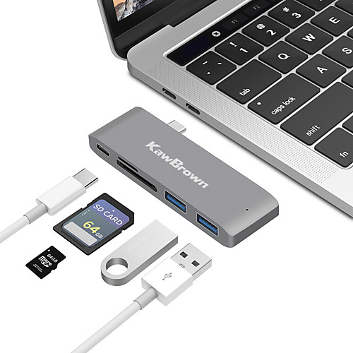 

KawBrown 5 in 1 Type-C Hub 5 Ports High Speed USB-C Hub Support Tf Card SD Card Power Delivery Function with LED For Laptop MacBook