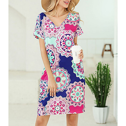 

Women's A Line Dress - Short Sleeves Print Spring Summer V Neck Elegant Chinoiserie Loose 2020 Light Brown Black Blushing Pink Dusty Blue Navy Blue S M L XL XXL