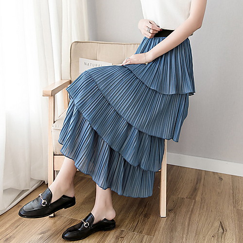 

Women's Daily Wear Basic A Line Skirts - Solid Colored Pleated / Patchwork White Black Blue S M L