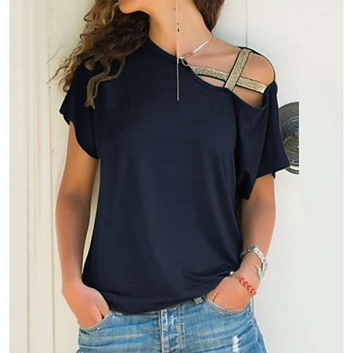 

Women's Plus Size Blouse Shirt Solid Colored Sexy One Shoulder Tops Black Blue Purple