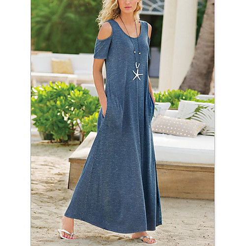 

Women's Shift Dress Maxi long Dress Blue Purple Gray Black Short Sleeve Solid Color Pocket Cold Shoulder Spring Summer Round Neck Hot Casual 2021 S M L XL XXL 3XL