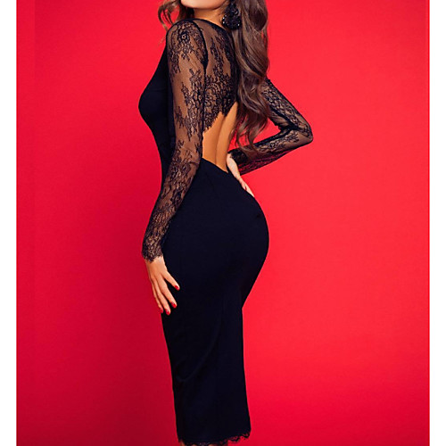 

Sheath / Column Floral Black Homecoming Party Wear Dress Jewel Neck Long Sleeve Knee Length Tulle with Lace Insert 2020