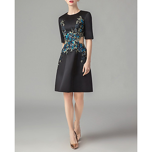

A-Line Cut Out Black Party Wear Cocktail Party Dress Jewel Neck Half Sleeve Knee Length Satin with Appliques 2020