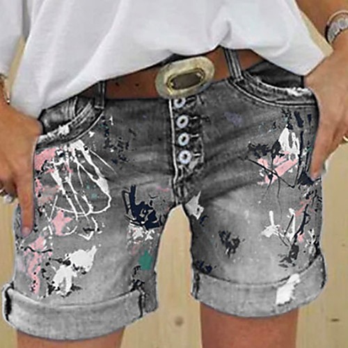 

Women's Basic Loose Denim Shorts Pants - Floral Black Navy Blue Gray S / M / L